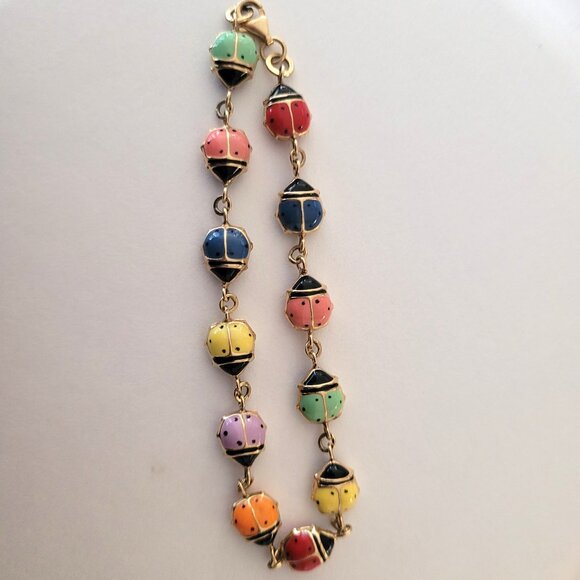 Lady Bug Multicolor Puffy Enamel Bracelet 10k Yellow Gold - Picture 3 of 13